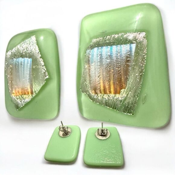 Mint Green Fused Glass Earrings – Handmade Iridescent Post-Back Jewelry - Picture 1 of 17